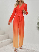 Load image into Gallery viewer, Honey Gradient Tie Front Flounce Sleeve Jumpsuit
