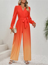 Load image into Gallery viewer, Honey Gradient Tie Front Flounce Sleeve Jumpsuit
