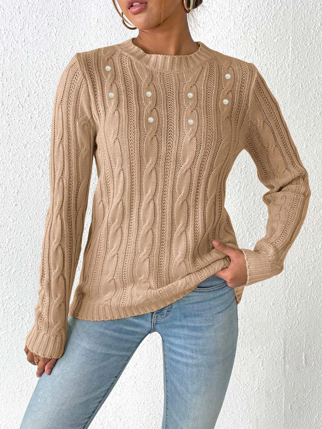 Cable-Knit Round Neck Long Sleeve Sweater