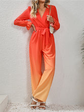 Load image into Gallery viewer, Honey Gradient Tie Front Flounce Sleeve Jumpsuit
