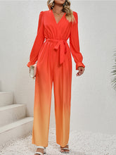 Load image into Gallery viewer, Honey Gradient Tie Front Flounce Sleeve Jumpsuit
